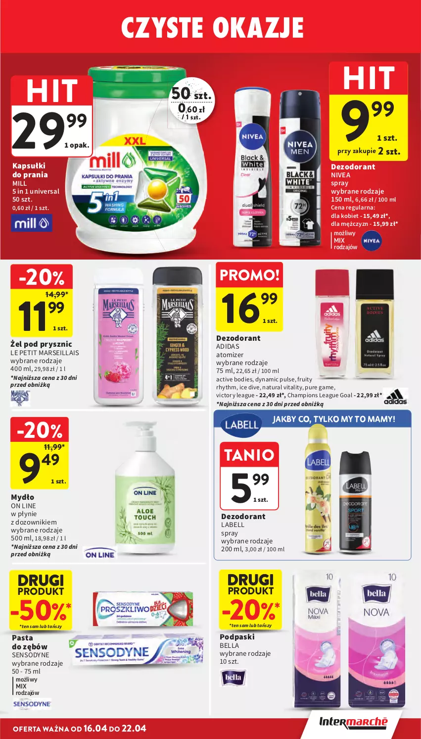Gazetka promocyjna Intermarche - Gazetka Intermarche - ważna 16.04 do 22.04.2026 - strona 37 - produkty: Adidas, Bell, Bella, Dezodorant, Dozownik, Goal, Kapsułki do prania, Mars, Mydło, Nivea, Pasta do zębów, Podpaski, Pur, Sensodyne