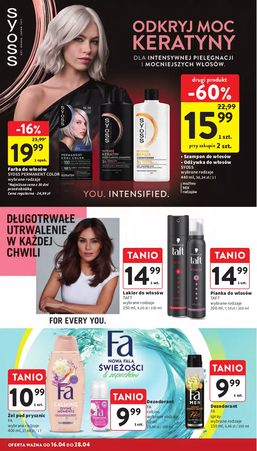 Gazetka promocyjna Intermarche - Gazetka Intermarche - ważna 16.04 do 22.04.2026 - strona 38 - produkty: Dezodorant, Fa, Farba do włosów, Lakier, Lakier do włosów, Odżywka, Pianka do włosów, Syoss, Szampon, Taft