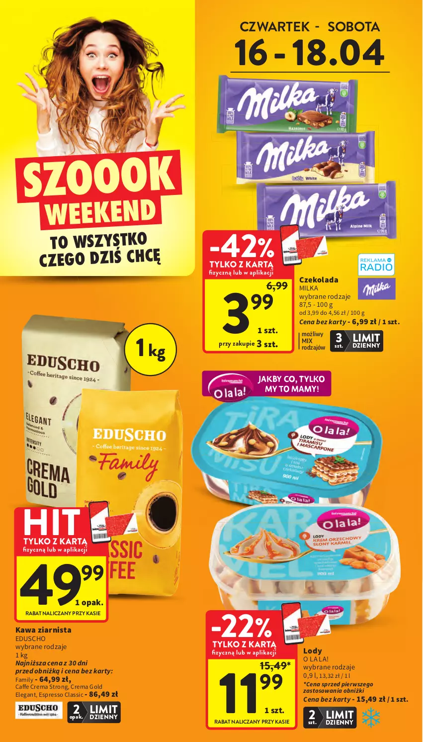 Gazetka promocyjna Intermarche - Gazetka Intermarche - ważna 16.04 do 22.04.2026 - strona 4 - produkty: Czekolada, Fa, Kawa, Kawa ziarnista, Lody, Milka