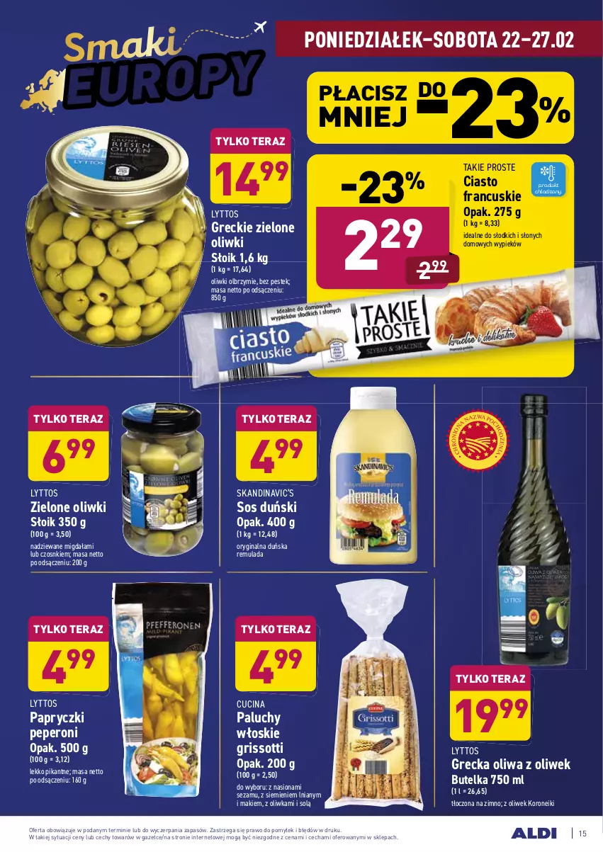 Gazetka promocyjna Aldi - ALE! CENA w ALDI - ważna 22.02 do 06.03.2021 - strona 15 - produkty: Ciasto francuskie, Gin, Oliwa z oliwek, Oliwki, Sezam, Skandinavic’s, Sos, Stek, Tera