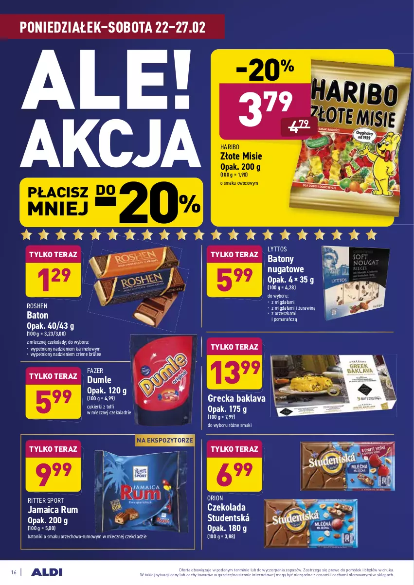 Gazetka promocyjna Aldi - ALE! CENA w ALDI - ważna 22.02 do 06.03.2021 - strona 16 - produkty: Baton, Crème brûlée, Cukier, Cukierki, Czekolada, Fa, Haribo, Por, Ritter Sport, Rum, Sport, Tera, Tonik