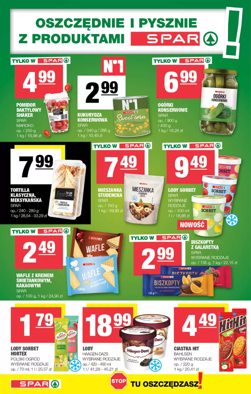 Gazetka promocyjna Spar - Spar - ważna 14.05 do 24.05.2023 - strona 6 - produkty: Biszkopty, Ciastka, Fa, Hortex, Kakao, Lody, Ser, Sos, Tortilla, Wafle