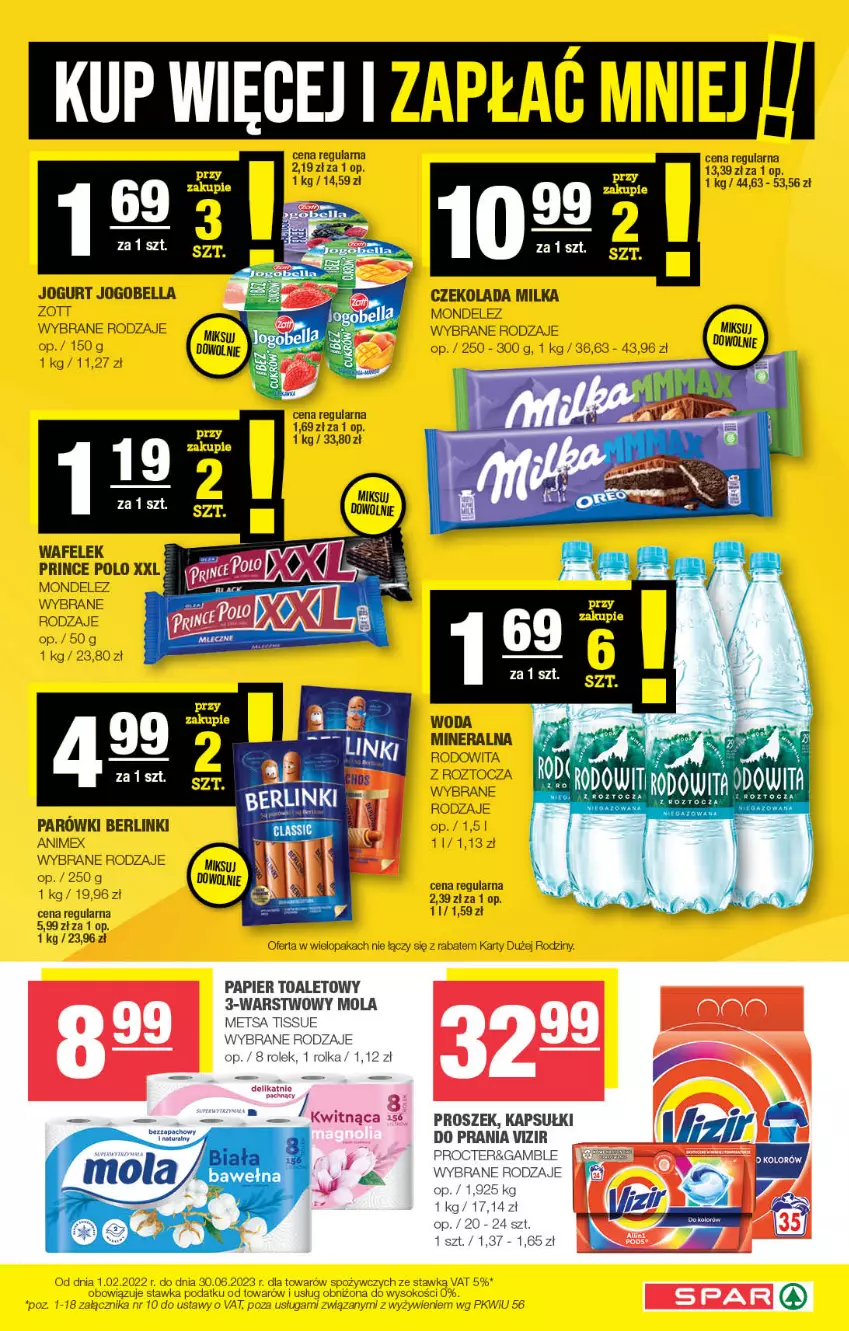 Gazetka promocyjna Spar - Spar - ważna 14.05 do 24.05.2023 - strona 7 - produkty: Bell, Bella, Berlinki, Czekolada, Gra, Jogobella, Jogurt, Milka, Mola, Papier, Papier toaletowy, Prince Polo, Tera, Vizir, Wafelek, Woda, Woda mineralna, Zott