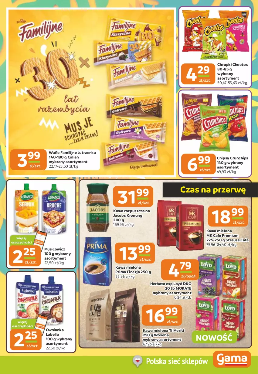 Gazetka promocyjna Gama - Gazetka Gama - ważna 10.07 do 22.07.2025 - strona 5 - produkty: Bell, Bella, Cheetos, Chipsy, Chrupki, Crunchips, Fa, Herbata, Jacobs, Jutrzenka, Kawa, Kawa mielona, Kawa rozpuszczalna, Loyd, Lubella, Mus, Owsianka, Prima, Woseba