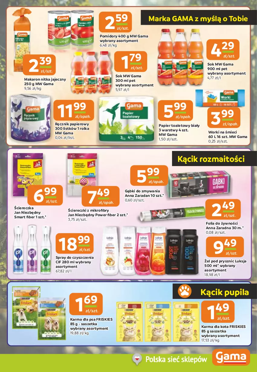Gazetka promocyjna Gama - Gazetka Gama - ważna 10.07 do 22.07.2025 - strona 9 - produkty: Cif, Friskies, Jan Niezbędny, Luksja, Makaron, Papier, Papier toaletowy, Pomidory, Ręcznik, Sok, Spray do czyszczenia, Worki na śmiec, Worki na śmieci