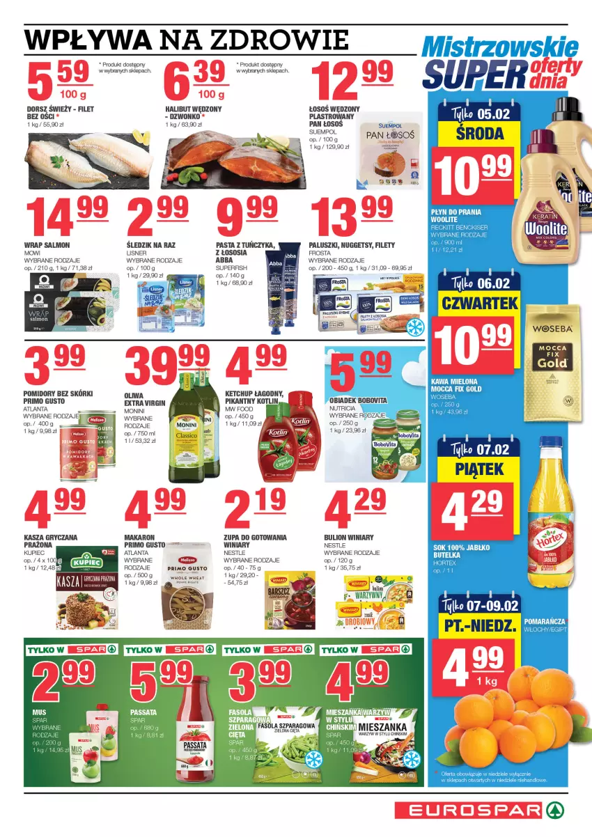 Gazetka promocyjna Spar - EuroSpar - ważna 26.01 do 05.02.2025 - strona 5 - produkty: Bulion, Dorsz, Fa, Fasola, Fasola szparagowa, Frosta, Gin, Gry, Hortex, Kasza, Kasza gryczana, Kawa, Kawa mielona, Ketchup, Kotlin, Kupiec, Lion, Lisner, Makaron, Mocca Fix Gold, Monini, Penne, Piec, Płyn do prania, Pomidory, Ser, Sok, Sos, Suempol, Tuńczyk, Winiary, Woseba, Zdrowie, Zupa