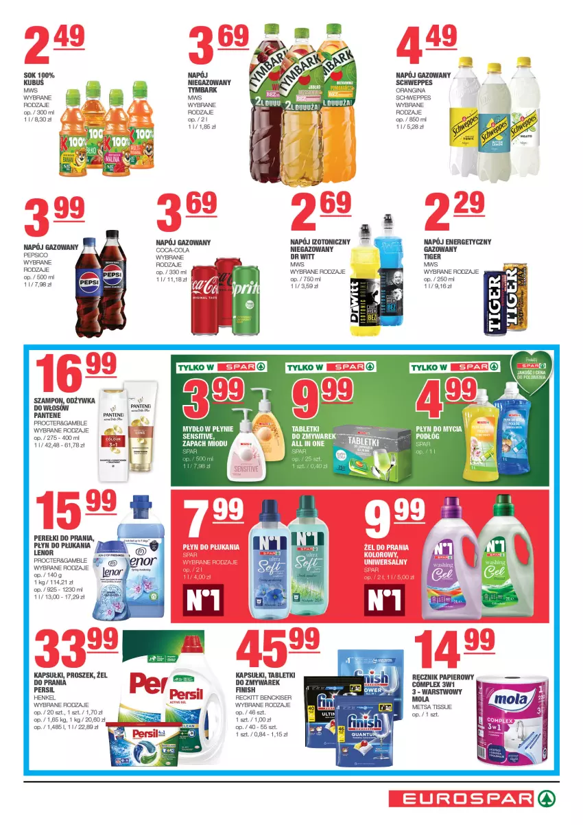 Gazetka promocyjna Spar - EuroSpar - ważna 26.01 do 05.02.2025 - strona 7 - produkty: AEG, Coca-Cola, Gin, Lenor, Mola, Napój, Napój energetyczny, Napój gazowany, Napój izotoniczny, Odżywka, Pantene, Papier, Pepsi, Płyn do mycia, Płyn do płukania, Ręcznik, Schweppes, Ser, Sok, Szampon, Tablet, Tiger, Tymbark