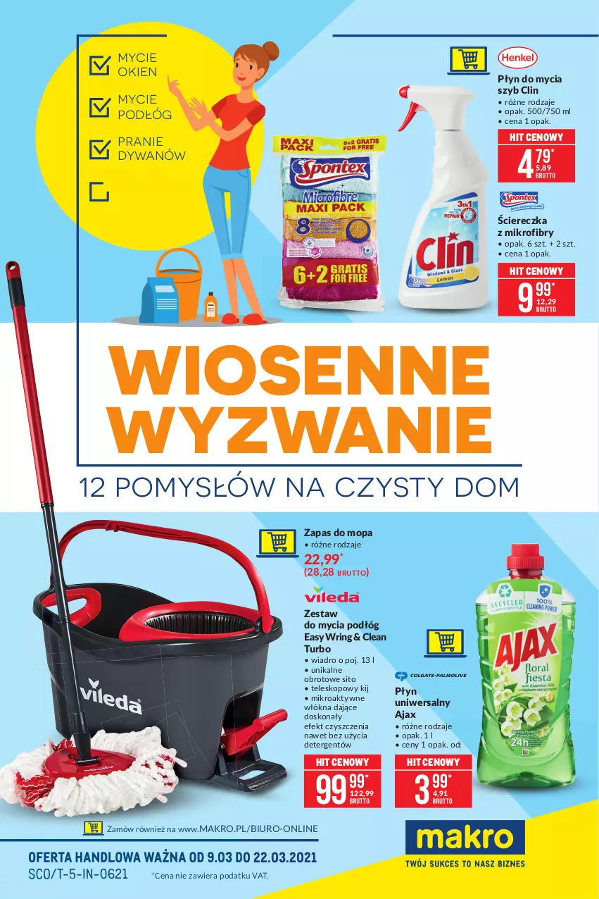 Gazetka promocyjna Makro - [Oferta specjalna] Wiosenne wyzwanie - 12 sposobów na czysty dom - ważna 09.03 do 22.03.2021 - strona 1 - produkty: Ajax, Biuro, Clin, Dywan, Mop, Płyn do mycia, Sito, Teleskop, Wiadro