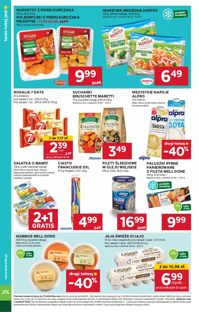 Gazetka promocyjna Stokrotka - Supermarket Opole/Radom - ważna 23.01 do 29.01.2025 - strona 24 - produkty: 7 Days, Alpro, Bruschette, Ciasto francuskie, Gra, Hortex, HP, Hummus, Jaja, Kurczak, Mus, Napoje, Olej, Paluszki rybne, Rogal, Sałat, Sałatka, Warzywa