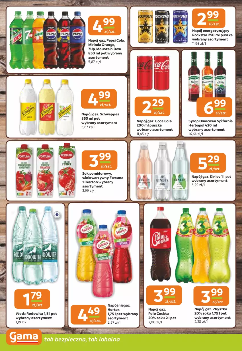 Gazetka promocyjna Gama - Gazetka Gama - ważna 13.02 do 25.02.2025 - strona 10 - produkty: 7up, Fortuna, Herbapol, Hortex, Mirinda, Napój, Pepsi, Piec, Schweppes, Sok, Sok pomidorowy, Syrop, Woda