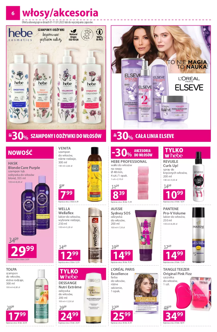 Gazetka promocyjna Hebe - Gazetka - ważna 01.01 do 11.01.2023 - strona 6 - produkty: Elseve, Fa, Farba do włosów, Gin, Hask, L’Oréal, Lakier, Lakier do włosów, Odżywka, Pantene, Pur, Revuele, Sos, Szampon, Szczotka, Szczotka do włosów, Tangle Teezer, Tołpa, Wella, Wellaflex