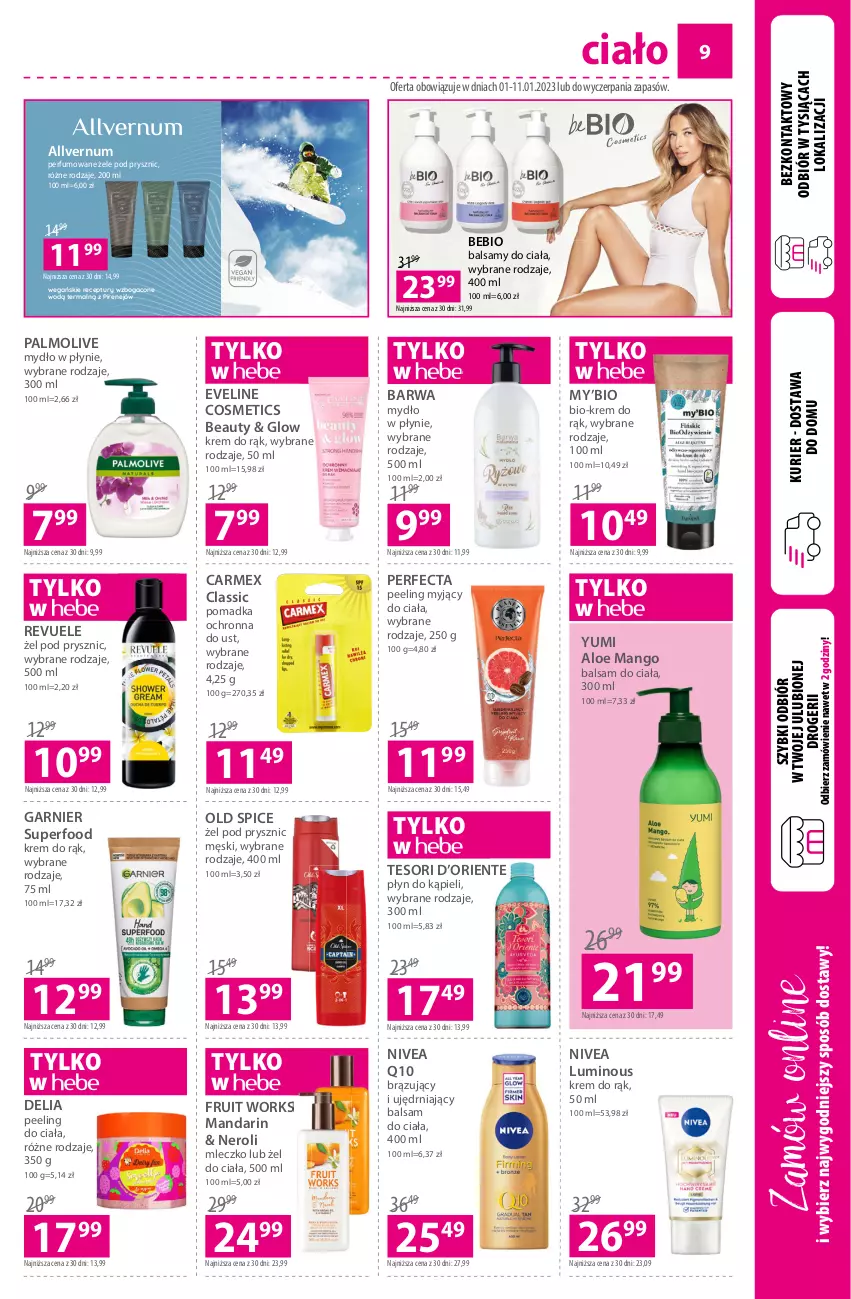 Gazetka promocyjna Hebe - Gazetka - ważna 01.01 do 11.01.2023 - strona 9 - produkty: Balsam do ciała, Eveline, Garnier, Krem do rąk, Mango, Mleczko, Mydło, Mydło w płynie, Nivea, Nivea Q10, Old Spice, Palmolive, Peeling, Perfecta, Perfum, Płyn do kąpieli, Revuele