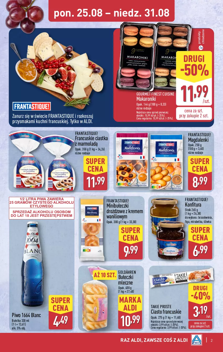 Gazetka promocyjna Aldi - Smakowita podróż do Francji - ważna 25.08 do 31.08.2025 - strona 2 - produkty: Bułeczki, Bułeczki mleczne, Ciastka, Ciasto francuskie, Gra, Konfitura, Kosz, Makaron, Mola, Piwa, Piwo