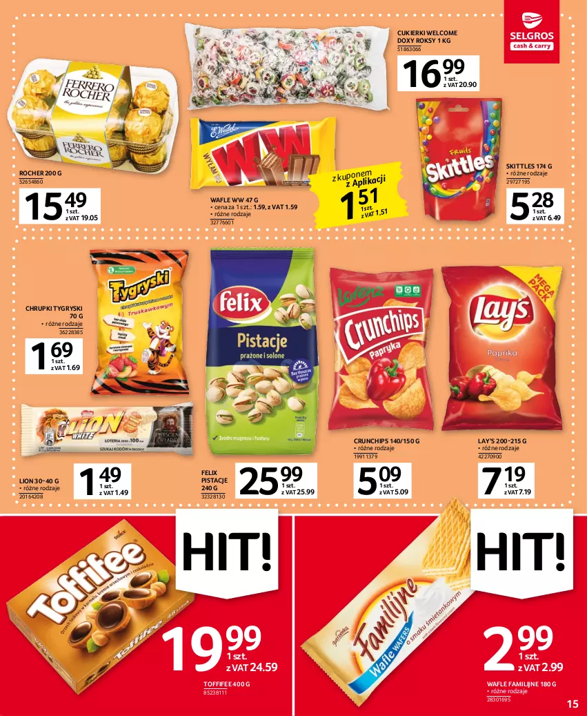 Gazetka promocyjna Selgros - Oferta spożywcza - ważna 19.01 do 01.02.2023 - strona 15 - produkty: Chrupki, Crunchips, Cukier, Cukierki, Fa, Felix, Gry, Lay’s, Lion, Pistacje, Toffifee, Wafle