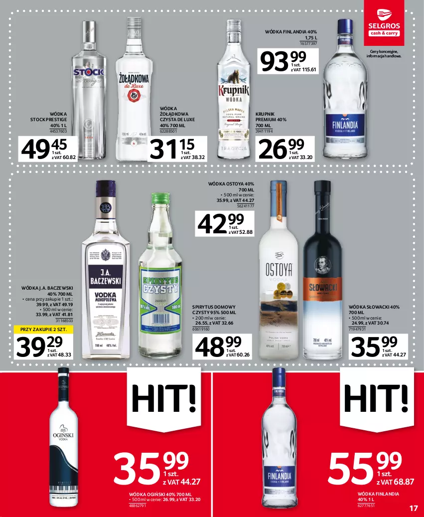 Gazetka promocyjna Selgros - Oferta spożywcza - ważna 19.01 do 01.02.2023 - strona 17 - produkty: Finlandia, Krupnik, Ogiński, Stock, Wódka