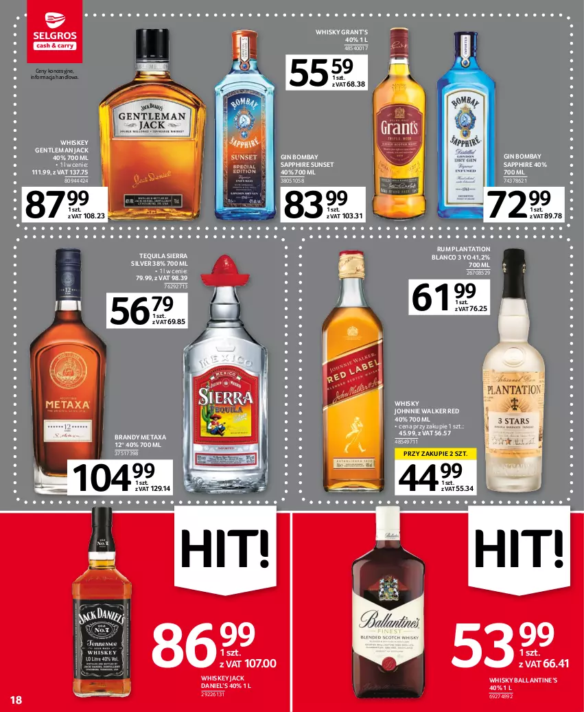 Gazetka promocyjna Selgros - Oferta spożywcza - ważna 19.01 do 01.02.2023 - strona 18 - produkty: Brandy, Gin, Gra, Johnnie Walker, Metaxa, Plantation, Rum, Tequila, Whiskey, Whisky