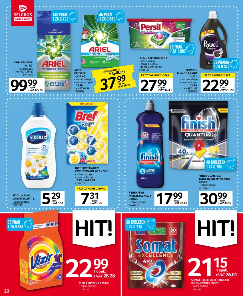 Gazetka promocyjna Selgros - Oferta spożywcza - ważna 19.01 do 01.02.2023 - strona 20 - produkty: Ariel, Bref, Finish, Persil, Perwoll, Płyn do prania, Płyn nabłyszczający, Sidolux, Somat, Tablet, Vizir, Zawieszka do wc