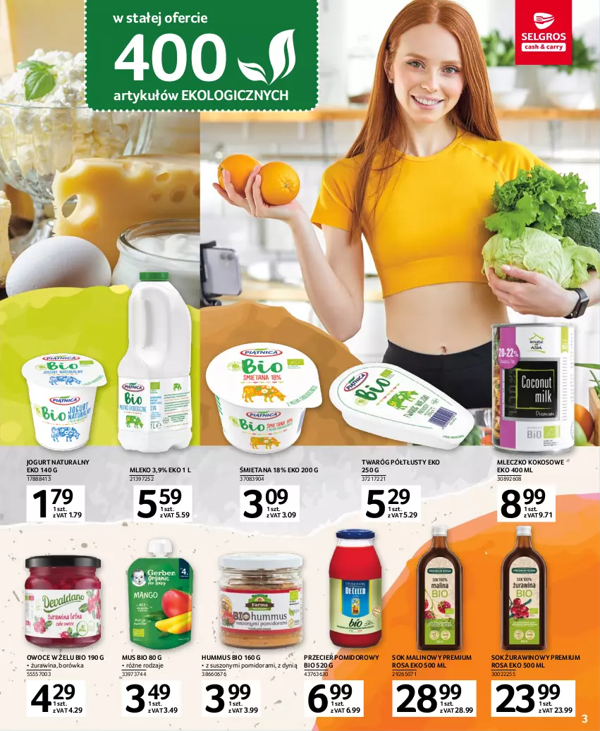 Gazetka promocyjna Selgros - Oferta spożywcza - ważna 19.01 do 01.02.2023 - strona 3 - produkty: Borówka, Dynią, Hummus, Jogurt, Jogurt naturalny, Kokos, Mleczko, Mleko, Mus, Owoce, Sok, Twaróg, Twaróg półtłusty, Wino