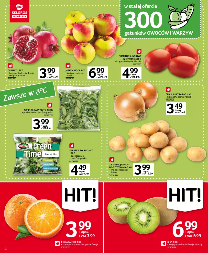 Gazetka promocyjna Selgros - Oferta spożywcza - ważna 19.01 do 01.02.2023 - strona 4 - produkty: Cebula, Gra, Granat, Jabłka, Kiwi, Ligol, Pomarańcze, Sałat, Sałatka, Szpinak