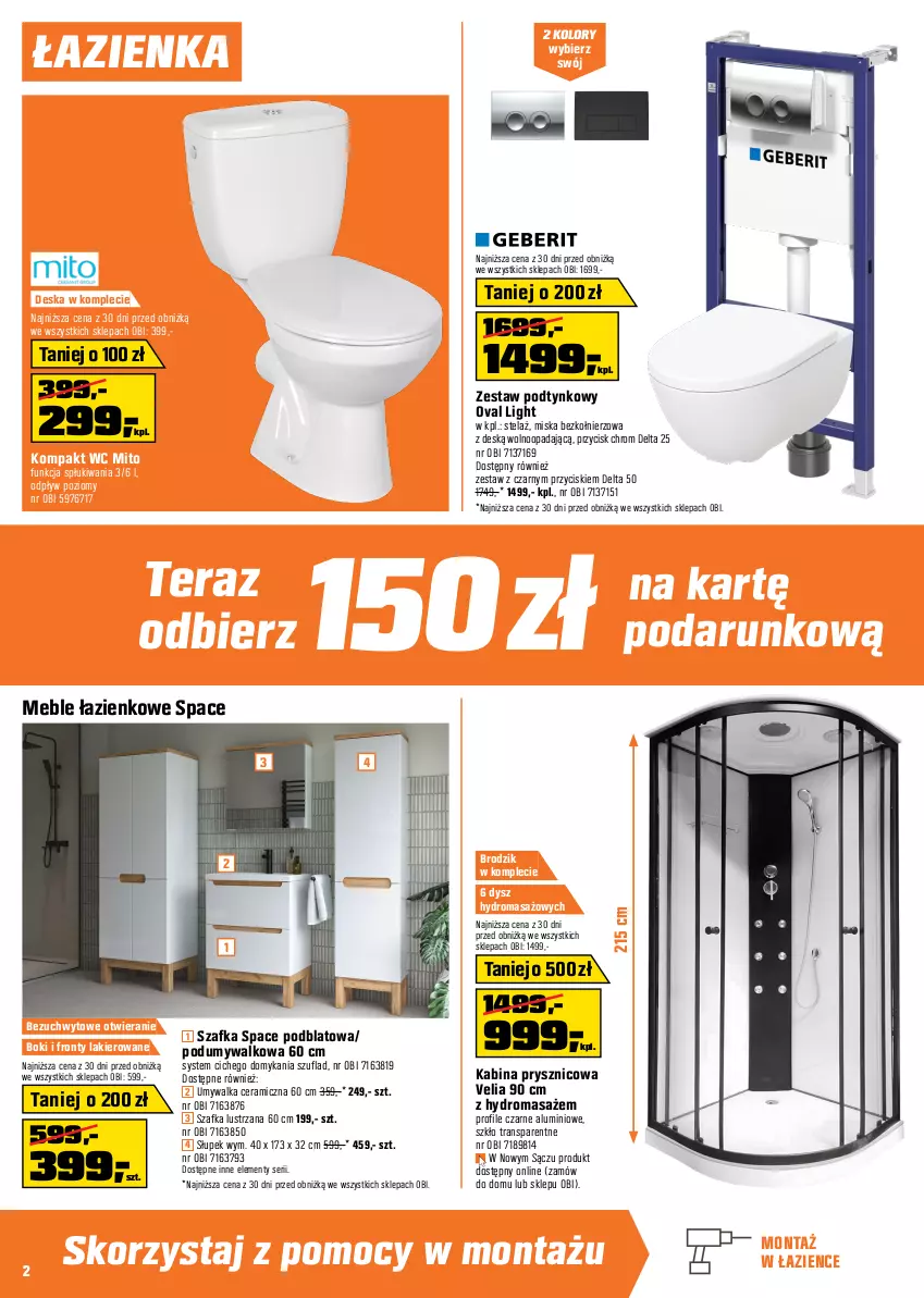 Gazetka promocyjna Obi - Gazetka OBI - ważna 02.10 do 22.10.2024 - strona 2 - produkty: Bateria, Bateria umywalkowa, Brodzik, Gniazdo pojedyncze, Gres, Grzejnik, Kabina prysznicowa, Kompakt WC, Lakier, Meble, Meble łazienkowe, Miska, Ramka, Ser, Słupek, Sok, Szafka, Tera, Tran, Umywalka, Włącznik podwójny, Włącznik pojedynczy