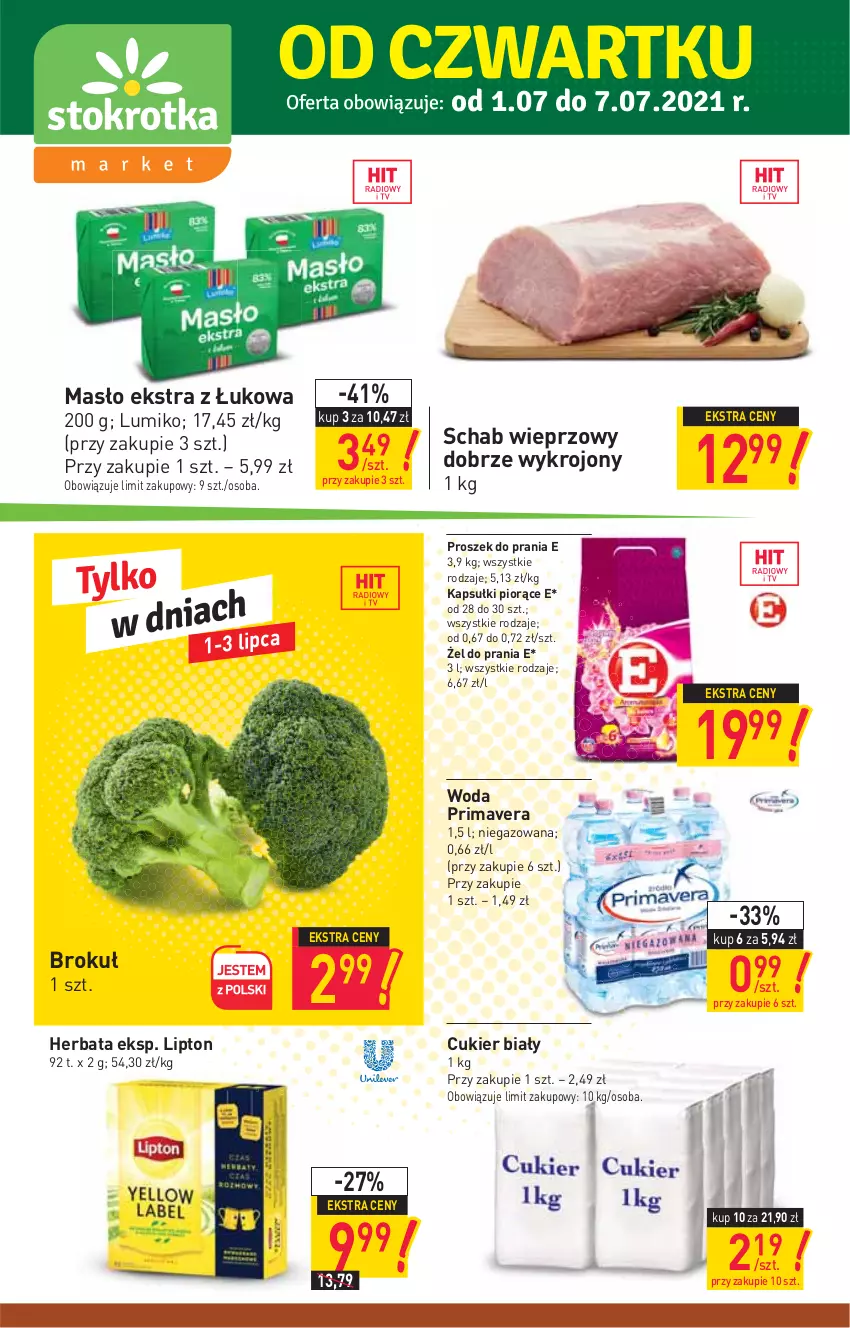 Gazetka promocyjna Stokrotka - Market - ważna 01.07 do 07.07.2021 - strona 1 - produkty: Cukier, Herbata, Lipton, Masło, Prima, Primavera, Proszek do prania, Schab wieprzowy, Woda