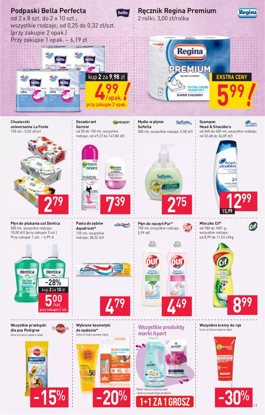 Gazetka promocyjna Stokrotka - Market - ważna 01.07 do 07.07.2021 - strona 11 - produkty: Aquafresh, Bell, Bella, Chusteczki, Cif, Dezodorant, Garnier, Gin, Mleczko, Mydło, Mydło w płynie, Pasta do zębów, Pedigree, Perfecta, Płyn do płukania, Podpaski, Przekąski dla psa, Pur, Ręcznik, Rolki, Szampon