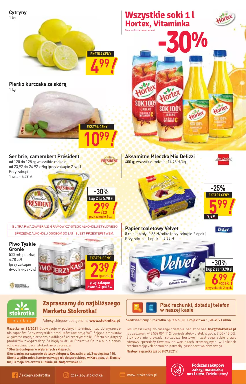 Gazetka promocyjna Stokrotka - Market - ważna 01.07 do 07.07.2021 - strona 12 - produkty: Aksam, Brie, Camembert, Cytryny, Gra, Hortex, Inka, Karp, Kosz, Kurczak, Mleczko, O nas, Papier, Papier toaletowy, Piwa, Piwo, Président, Ser, Sok, Szal, Telefon, Tyskie, Velvet, Wagi