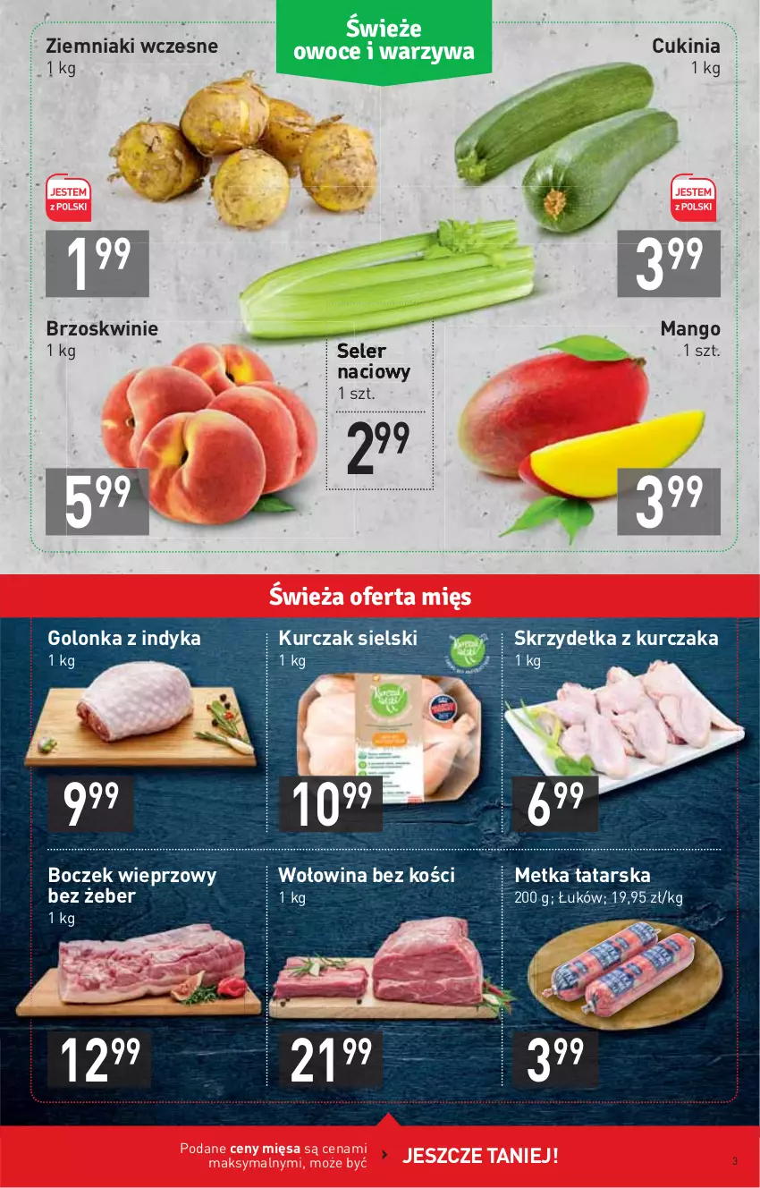 Gazetka promocyjna Stokrotka - Market - ważna 01.07 do 07.07.2021 - strona 3 - produkty: Boczek, Boczek wieprzowy, Brzoskwinie, Golonka z indyka, Kurczak, Mango, Metka tatarska, Skrzydełka z kurczaka, Wołowina, Wołowina bez kości, Ziemniaki