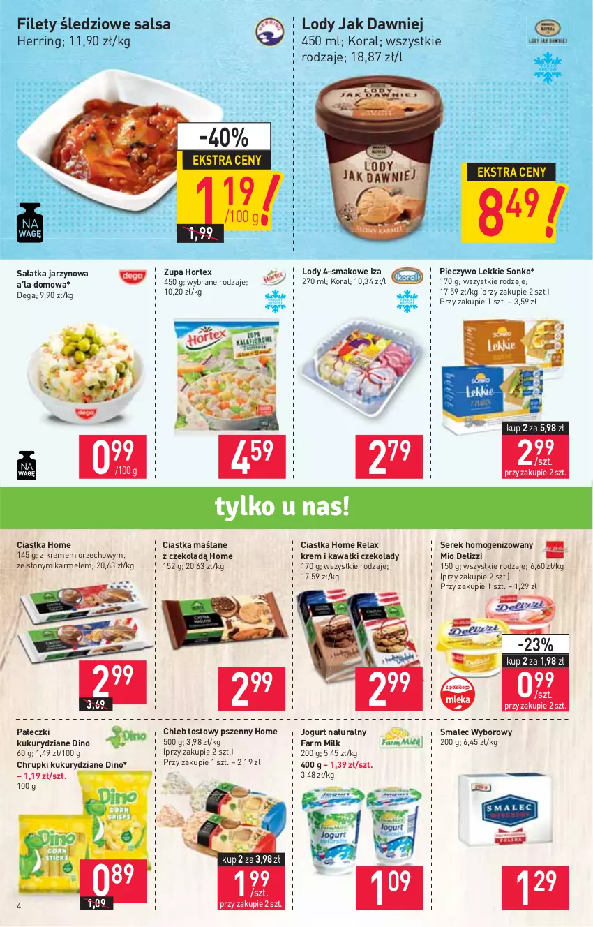 Gazetka promocyjna Stokrotka - Market - ważna 01.07 do 07.07.2021 - strona 4 - produkty: Chleb, Chleb tostowy, Chrupki, Ciastka, Dega, Fa, Farm Milk, Hortex, Jogurt, Jogurt naturalny, Kawa, Lody, Piec, Pieczywo, Sałat, Sałatka, Salsa, Ser, Serek, Serek homogenizowany, Smalec, Sonko, Zupa