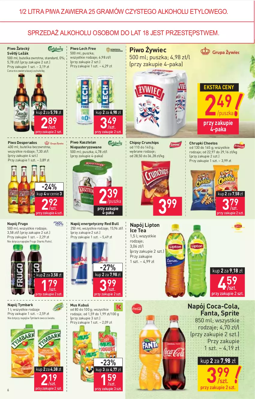 Gazetka promocyjna Stokrotka - Market - ważna 01.07 do 07.07.2021 - strona 6 - produkty: Cheetos, Chipsy, Chrupki, Coca-Cola, Crunchips, Desperados, Fa, Fanta, Gra, Ice tea, Kasztelan, Kubuś, Lipton, Mus, Napój, Napój energetyczny, Owoce, Piwa, Piwo, Red Bull, Sprite, Tymbark