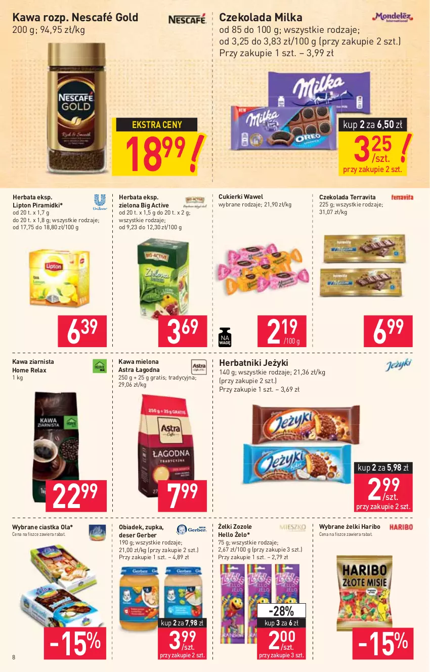 Gazetka promocyjna Stokrotka - Market - ważna 01.07 do 07.07.2021 - strona 8 - produkty: Ciastka, Cukier, Cukierki, Czekolada, Deser, Gerber, Gra, Haribo, Herbata, Herbatniki, Jeżyki, Kawa, Kawa mielona, Kawa ziarnista, Lipton, Milka, Nescafé, Ser, Wawel