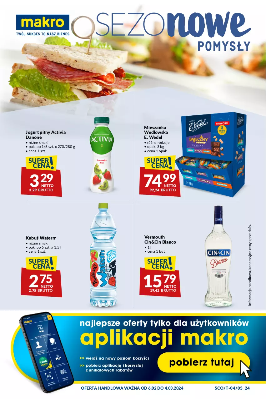 Gazetka promocyjna Makro - Najlepsze oferty - oferta z alkoholem - ważna 06.02 do 04.03.2024 - strona 20 - produkty: Activia, Danone, E. Wedel, Jogurt, Jogurt pitny, Kubuś, Kubuś Waterrr, Mieszanka wedlowska, Vermouth