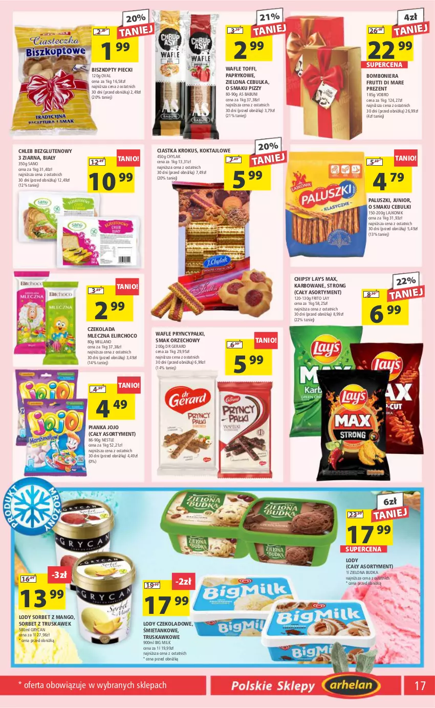 Gazetka promocyjna Arhelan - Gazetka - ważna 22.03 do 31.03.2024 - strona 17 - produkty: Babuni, Big Milk, Biszkopty, Bomboniera, Chipsy, Chleb, Chleb bezglutenowy, Ciastka, Czekolada, Czekolada mleczna, Dr Gerard, Gry, Krokus, Lajkonik, Lody, Mango, Piec, Wafle, Zielona Budka