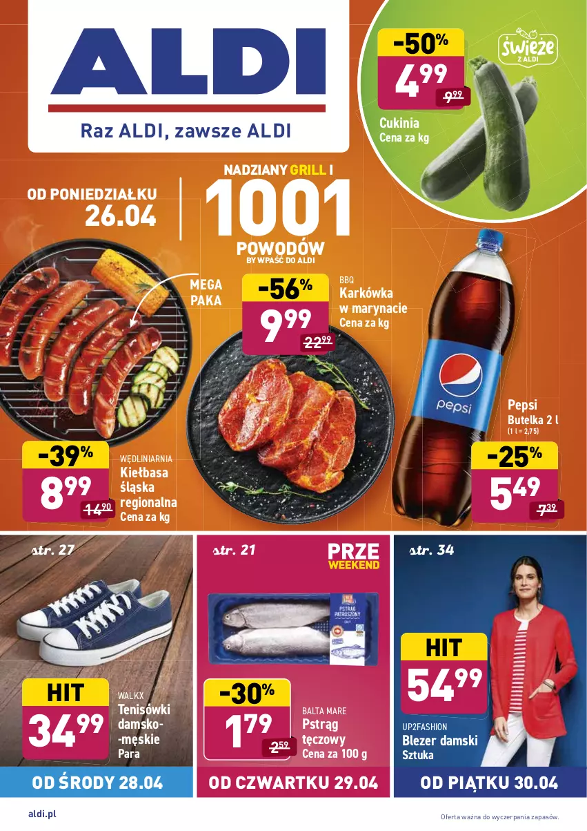 Gazetka promocyjna Aldi - ważna 26.04 do 30.04.2021 - strona 1 - produkty: Balta Mare, Blezer damski, Fa, Grill, Kiełbasa, Kiełbasa śląska, Pepsi, Pstrąg, Pstrąg tęczowy, Tenisówki