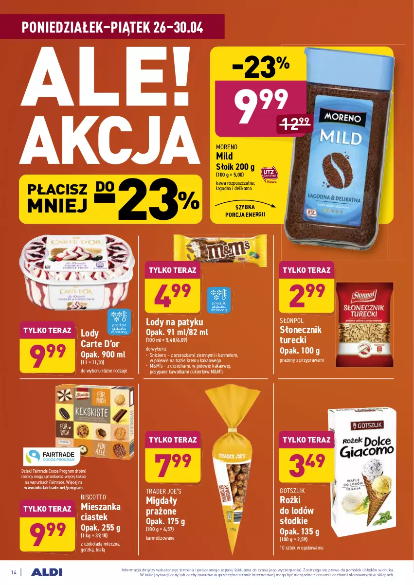 Gazetka promocyjna Aldi - ważna 26.04 do 30.04.2021 - strona 14 - produkty: Cukier, Fa, Gra, Kakao, Kawa, Kawa rozpuszczalna, Lody, Migdały, Por, Słonecznik turecki, Słonpol, Snickers, Stek, Tera