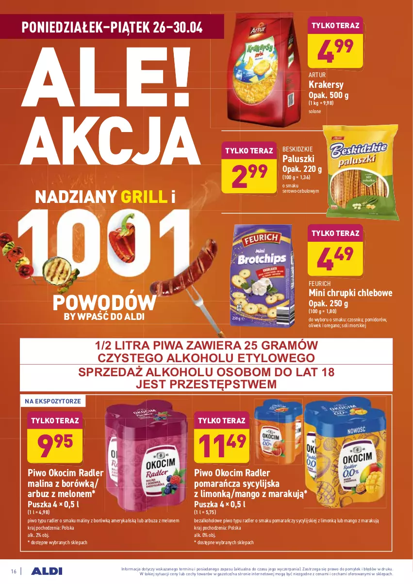 Gazetka promocyjna Aldi - ważna 26.04 do 30.04.2021 - strona 16 - produkty: Arbuz, Artur, Beskidzki, Beskidzkie paluszki, Chleb, Chrupki, Chrupki chlebowe, Gra, Grill, Koc, Krakersy, Maliny, Mango, Melon, Okocim, Piwa, Piwo, Radler, Ser, Tera