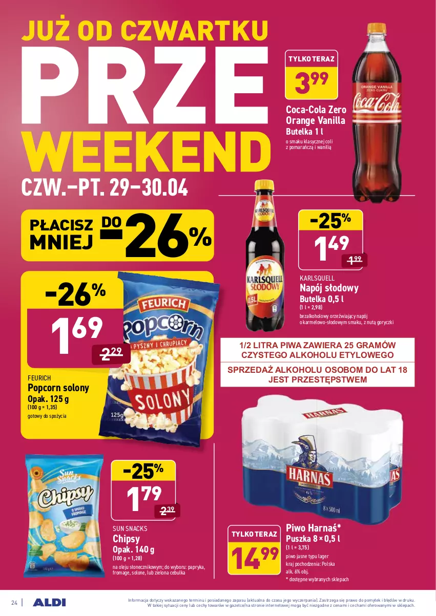 Gazetka promocyjna Aldi - ważna 26.04 do 30.04.2021 - strona 24 - produkty: Chipsy, Coca-Cola, Gra, Harnaś, Karlsquell, Napój, Olej, Papryka, Piwa, Piwo, Piwo jasne, Popcorn, Tera