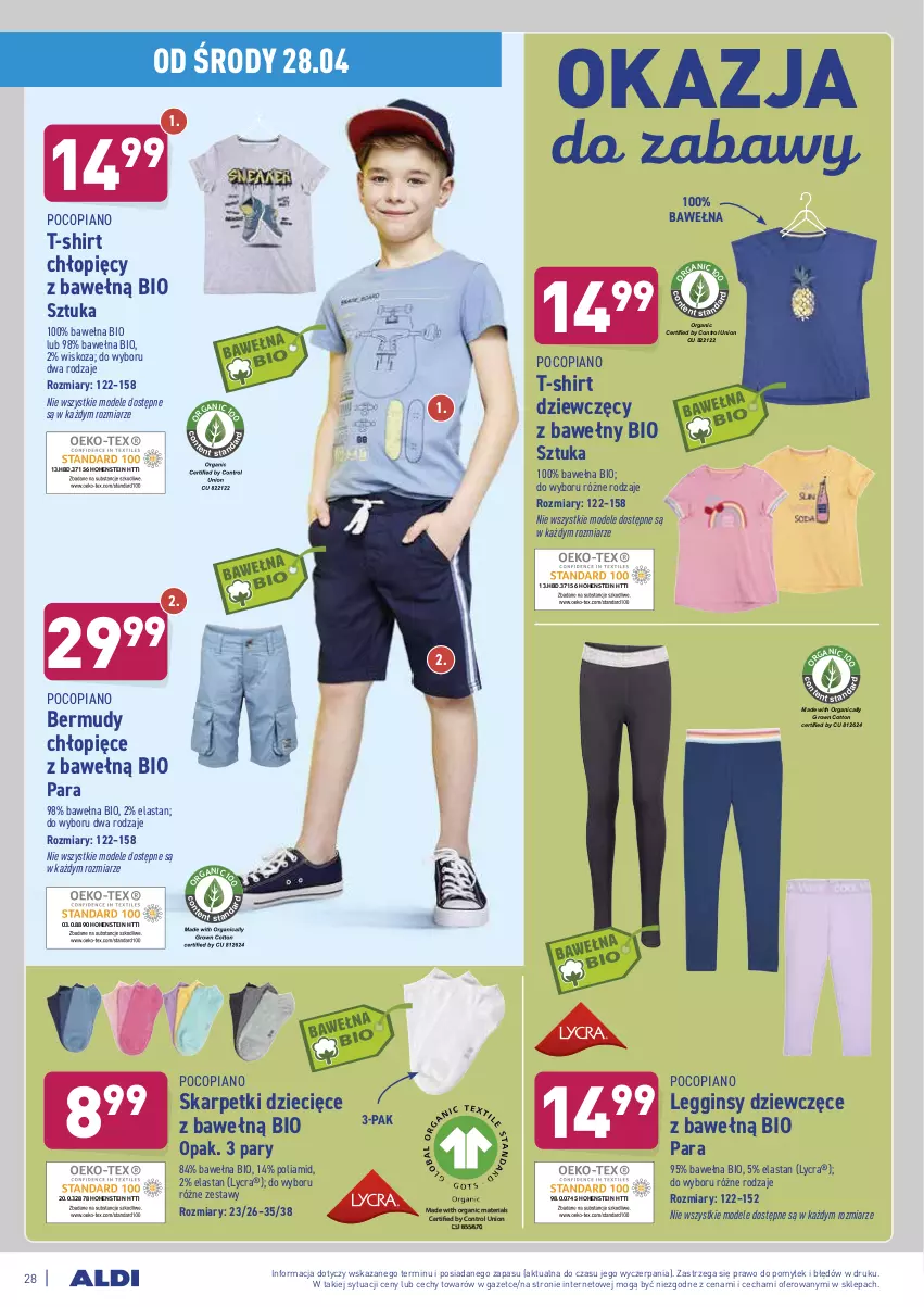 Gazetka promocyjna Aldi - ważna 26.04 do 30.04.2021 - strona 28 - produkty: Bermudy, Control, Dzieci, Gin, Karp, Legginsy, Pocopiano, Skarpetki, T-shirt, Wełna