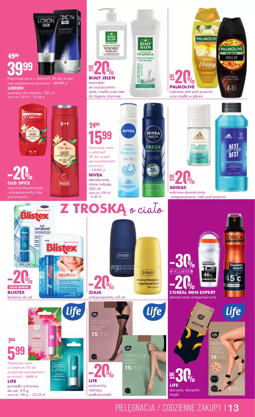 Gazetka promocyjna Super Pharm - Gazetka - ważna 16.08 do 30.08.2023 - strona 13 - produkty: Adidas, Antyperspirant, Biały Jeleń, Dezodorant, Karp, L’Oréal, Nivea, Old Spice, Palmolive, Pończochy, Rajstopy, Skarpetki, Szampon, Top, Ziaja