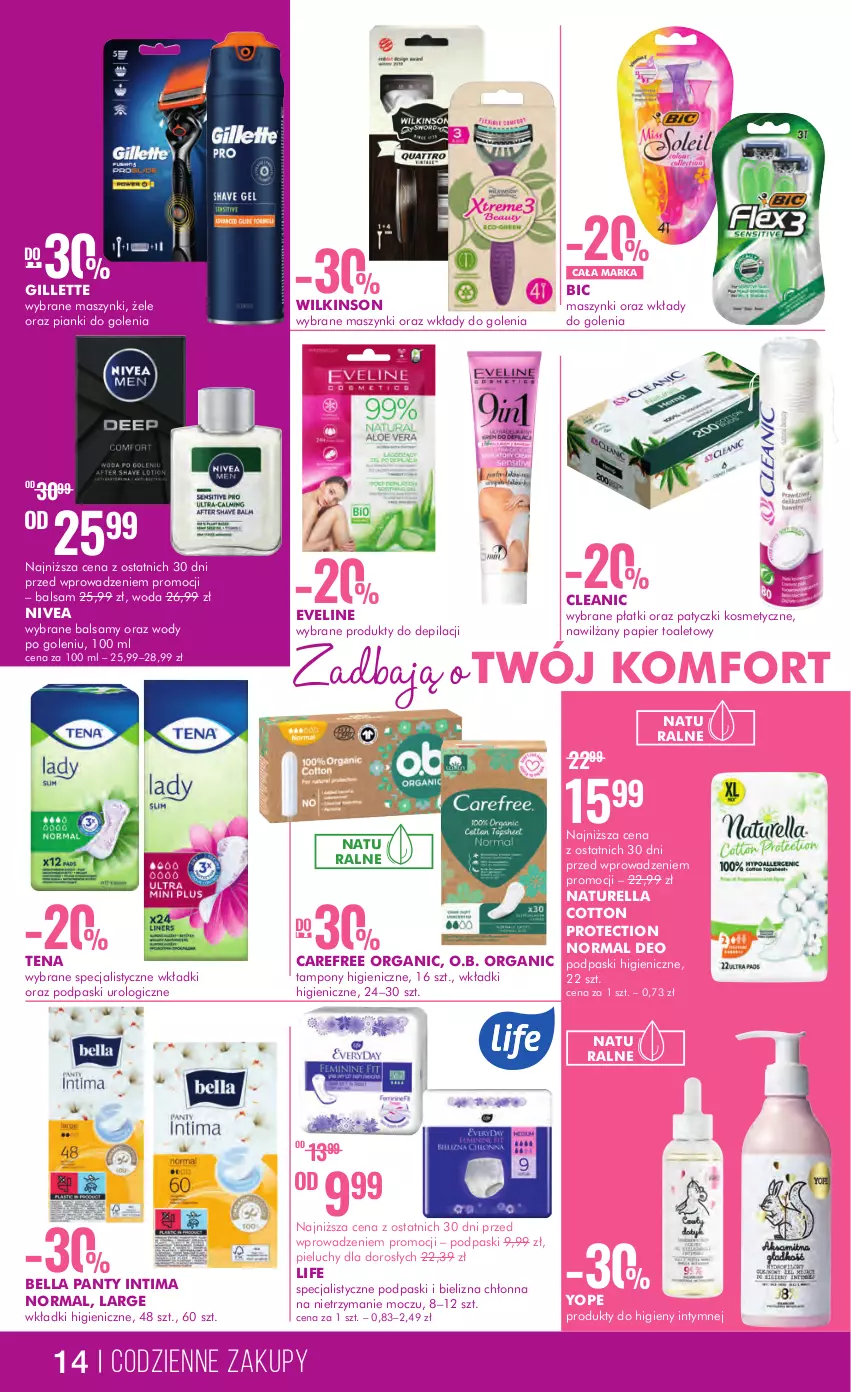 Gazetka promocyjna Super Pharm - Gazetka - ważna 16.08 do 30.08.2023 - strona 14 - produkty: Bell, Bella, BIC, Bielizna, Carefree, Cleanic, Eveline, Gillette, Naturell, Naturella, Nawilżany papier, Nivea, O.B., Papier, Papier toaletowy, Patyczki kosmetyczne, Pieluchy, Podpaski, Tampony, Wkładki, Woda, Yope