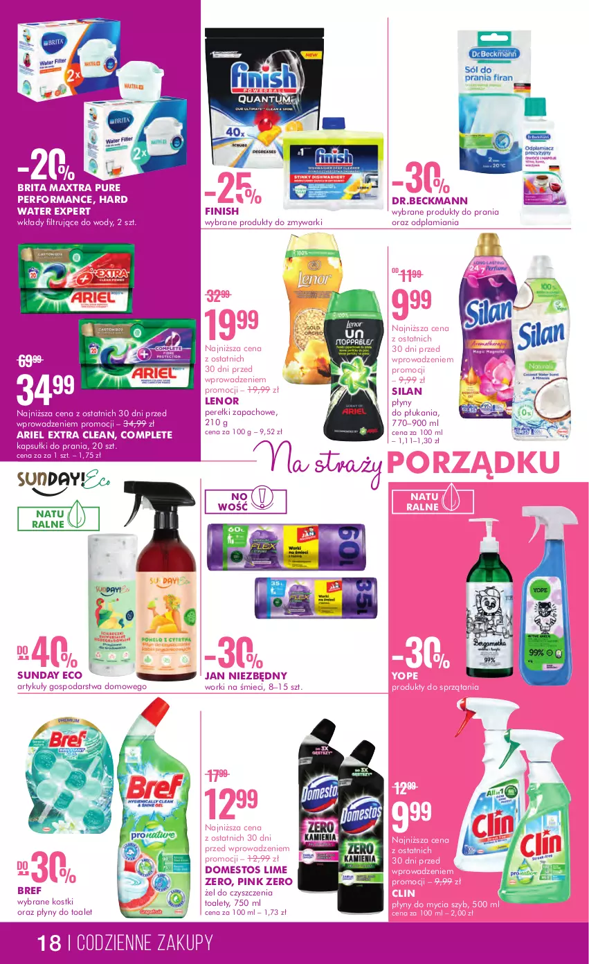 Gazetka promocyjna Super Pharm - Gazetka - ważna 16.08 do 30.08.2023 - strona 18 - produkty: Ariel, Bref, Brit, Brita, Brita Maxtra, Clin, Domestos, Finish, Jan Niezbędny, Kapsułki do prania, Lenor, Perełki zapachowe, Por, Pur, Silan, Worki na śmiec, Worki na śmieci, Yope, Zmywarki