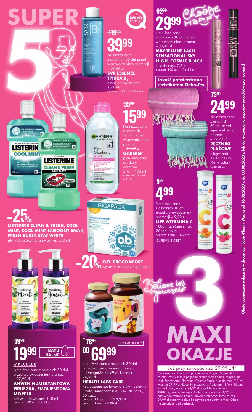 Gazetka promocyjna Super Pharm - Gazetka - ważna 16.08 do 30.08.2023 - strona 2 - produkty: Bell, Garnier, Lack, Listerine, Maybelline, Mop, Morela, Mus, O.B., Olej, Płyn micelarny, Ręcznik, Sati, Suplement diety, SVR, Tampony, Tusz, Zdrowie