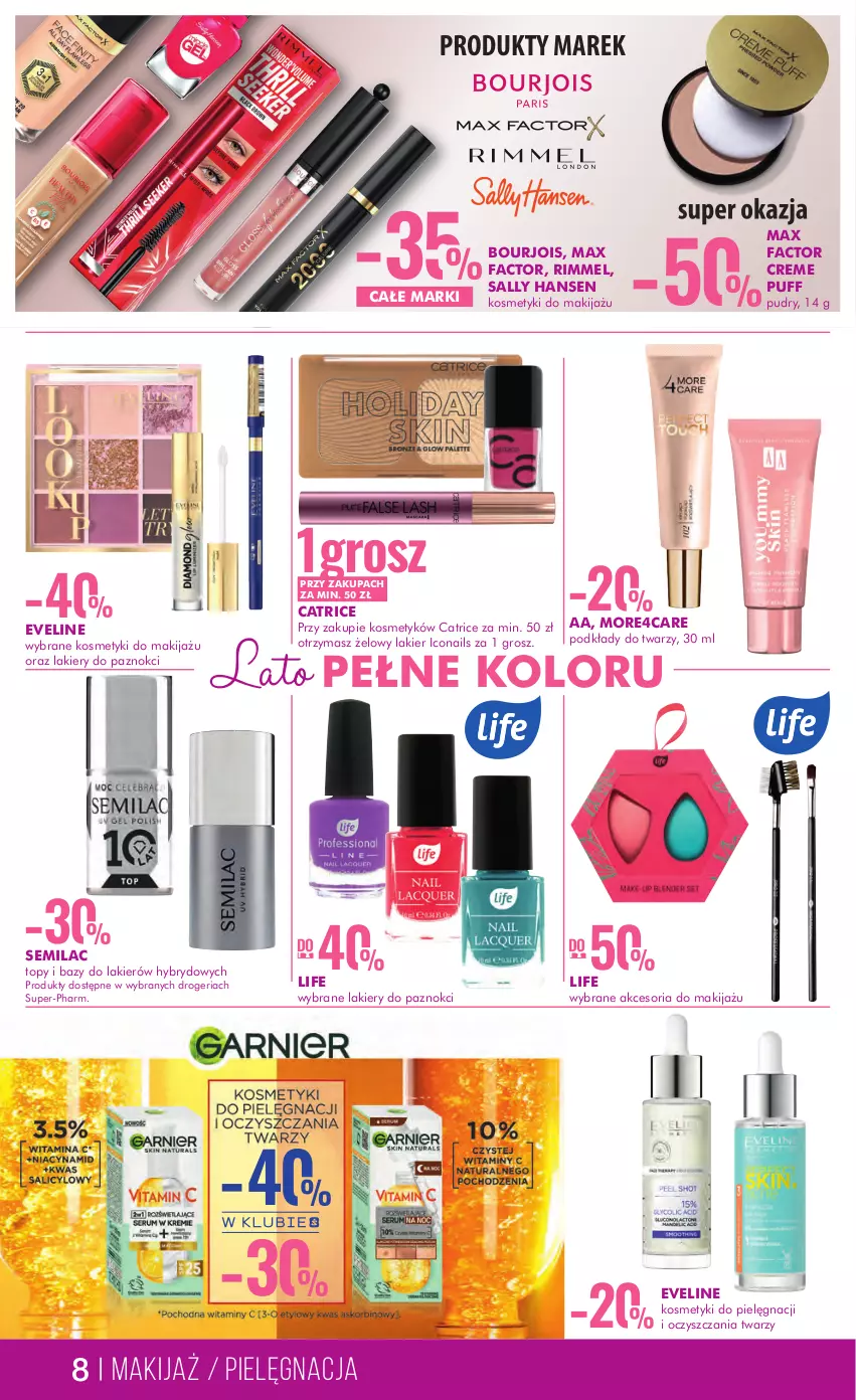 Gazetka promocyjna Super Pharm - Gazetka - ważna 16.08 do 30.08.2023 - strona 8 - produkty: Bourjois, Catrice, Eveline, Fa, Kosmetyki do pielęgnacji, Lakier, Makijaż, Max Factor, Podkład, Puf, Sally Hansen, Top