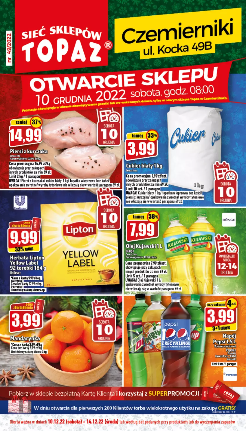 Gazetka promocyjna Topaz - Gazetka - ważna 10.12 do 14.12.2022 - strona 1 - produkty: Cukier, Kujawski, Kurczak, Olej, Torba, Waga