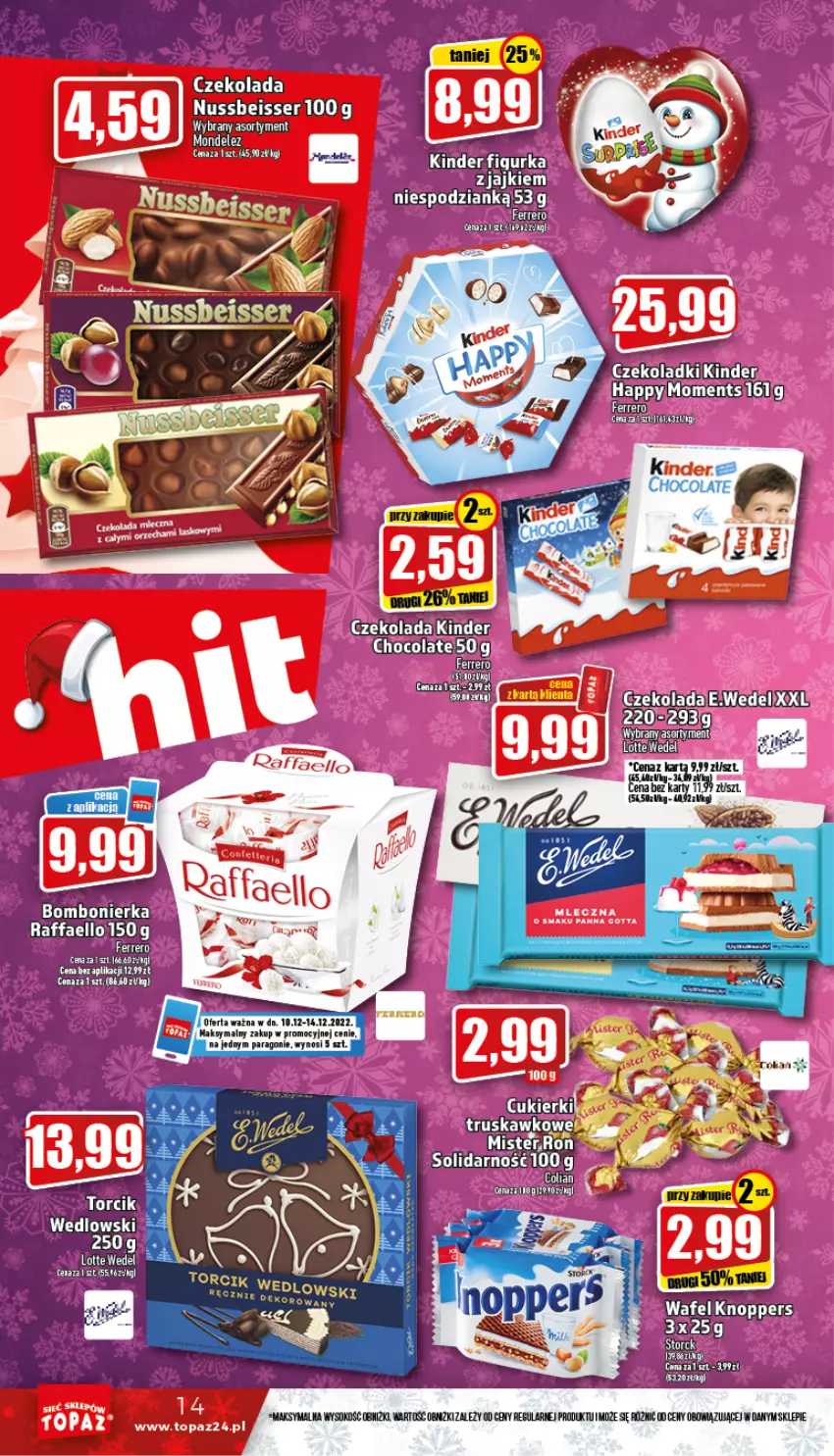 Gazetka promocyjna Topaz - Gazetka - ważna 10.12 do 14.12.2022 - strona 14 - produkty: Czekolada, Fa, Ferrero, Kinder, Knoppers, Moments, Panna cotta, Raffaello, Ser, Sok, Top