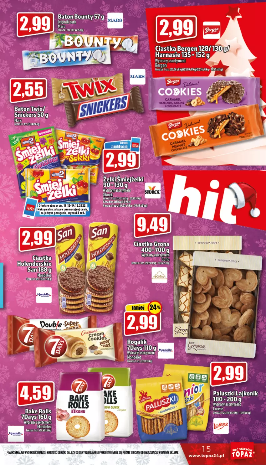 Gazetka promocyjna Topaz - Gazetka - ważna 10.12 do 14.12.2022 - strona 15 - produkty: Baton, Beko, Bounty, Ciastka, Lajkonik, Mars, Rogal, Snickers, Sok, Top, Twix