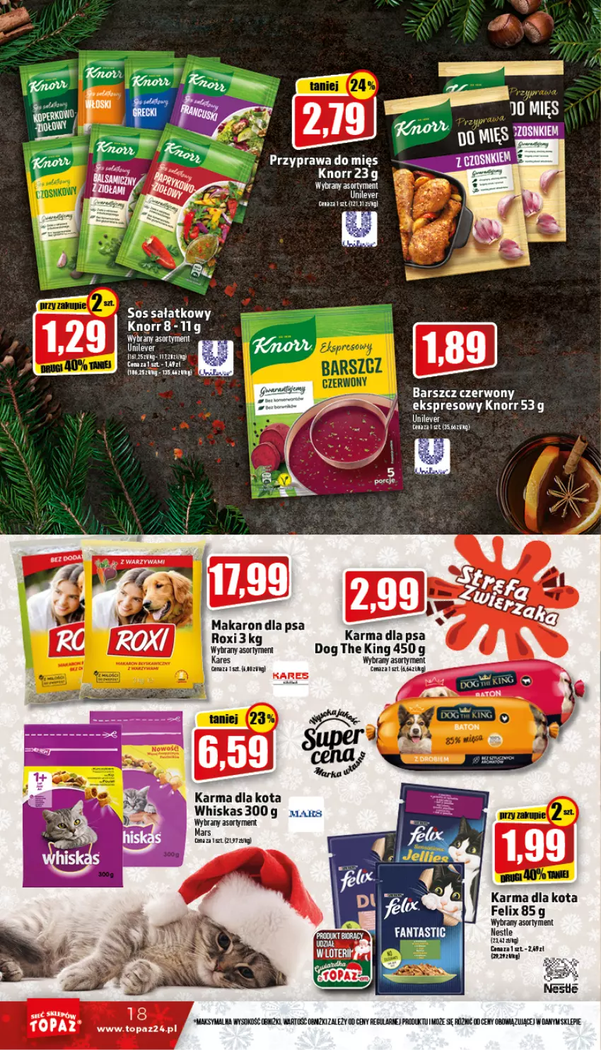 Gazetka promocyjna Topaz - Gazetka - ważna 10.12 do 14.12.2022 - strona 18 - produkty: Felix, Knorr, Makaron, Mars, Sałat, Sok, Sos, Top, Whiskas