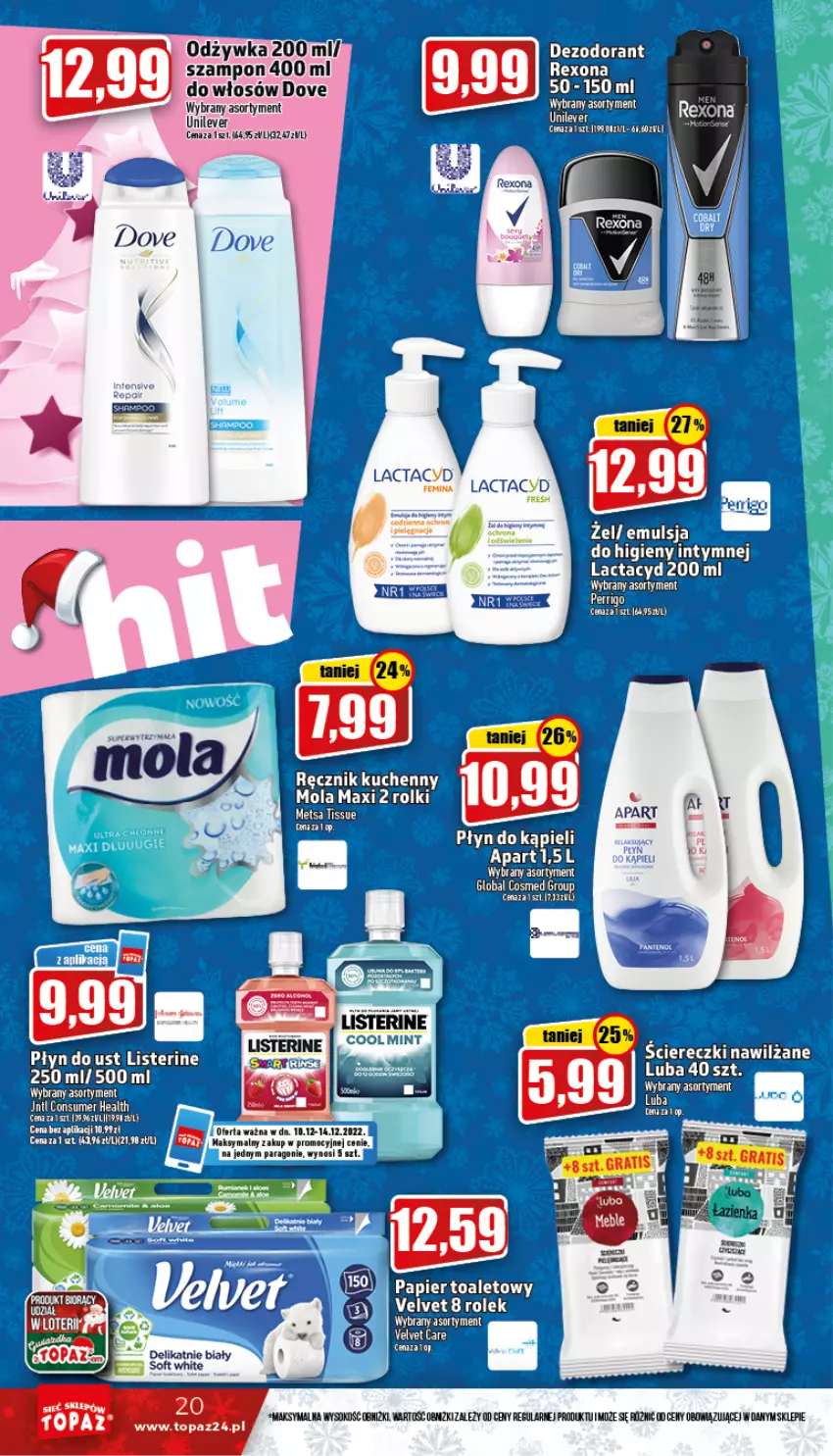 Gazetka promocyjna Topaz - Gazetka - ważna 10.12 do 14.12.2022 - strona 20 - produkty: Dezodorant, Lactacyd, Listerine, Mola, Papier, Papier toaletowy, Płyn do kąpieli, Ręcznik, Ręcznik kuchenny, Rexona, Rolki, Sok, Velvet