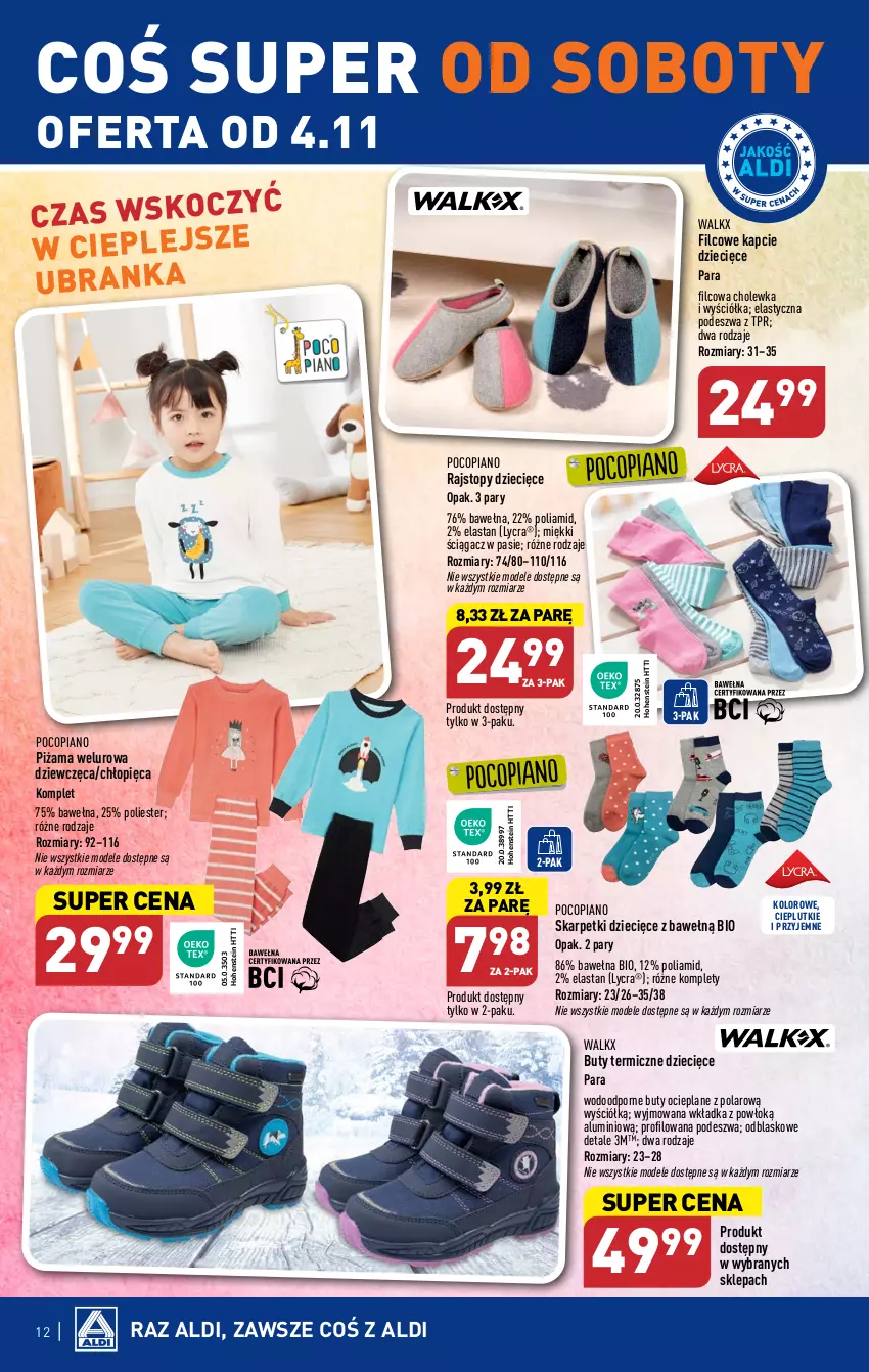 Gazetka promocyjna Aldi - Artykuły przemysłowe i tekstylia - ważna 31.10 do 04.11.2023 - strona 12 - produkty: Buty, Dzieci, Kapcie, Karp, Koc, Piżama, Pocopiano, Por, Rajstopy, Skarpetki, Top, Wełna