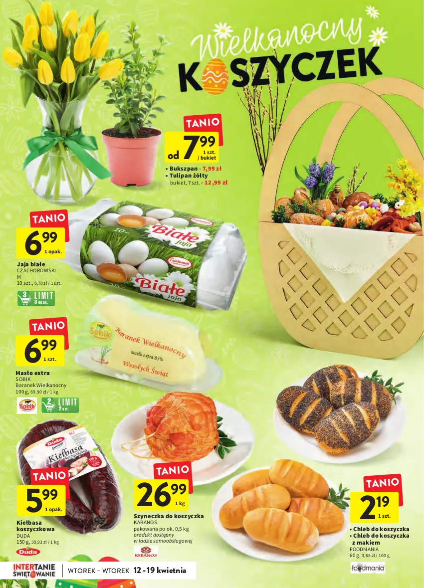 Gazetka promocyjna Intermarche - Wielkanoc - ważna 12.04 do 19.04.2022 - strona 2 - produkty: Bukiet, Chleb, Duda, Jaja, Kabanos, Kiełbasa, Kosz, Masło, Tulipan